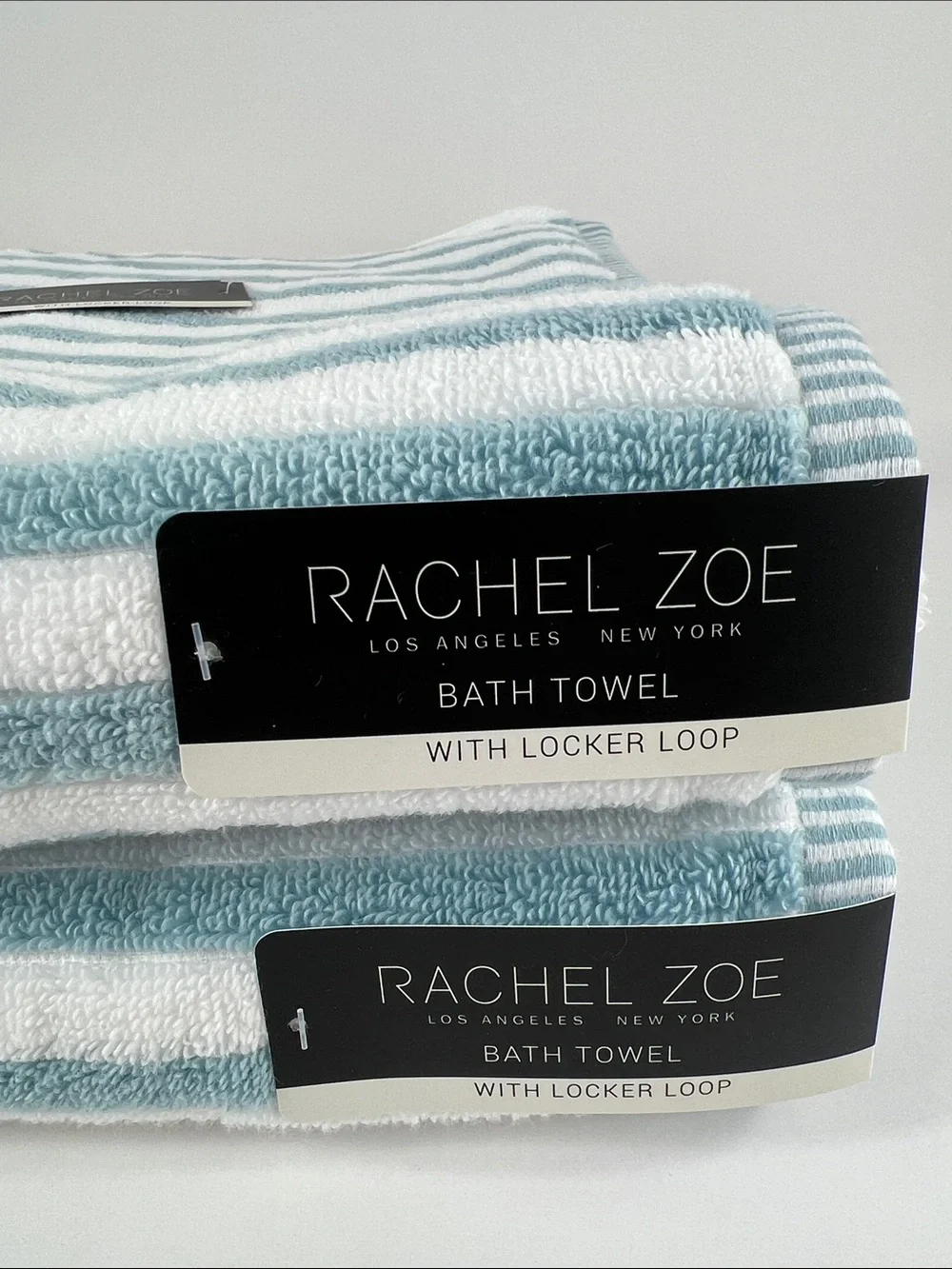 Rachel Zoe Bath Towels Classic Blue and White Striped Soft Cotton Set of 2 NEW